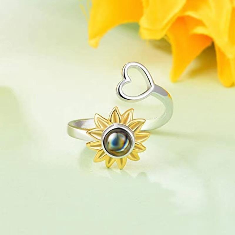Unisex Tension L&M Photo Projection Ring - Custom Content (Contact Us), Sunflower Color Separation Ring, Adjustable Size, 2-Tone Heart Floral Mariah Oval Cut Costume Jewelry, Personalized Birthday Gift for Girlfriend