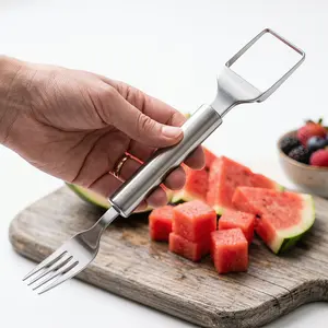 304 Stainless Steel Watermelon Cutter & Fruit Fork – 2-in-1 Summer Fruit Slicer for Watermelon, Cantaloupe & Melon, Easy Cube Cutting Kitchen Gadget, TikTok Viral Summer Vacation Must-Have, Beach Party & Summer Vibes Fruit Tool