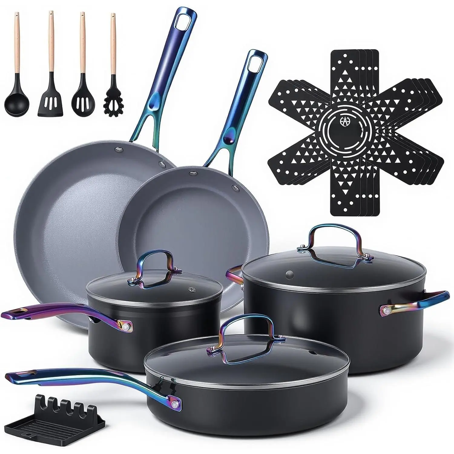 17 count Ceramic Cookware Set, Induction Pots and Pans Set Non Stick,  Colored Stay Cool Handle, Non  PFOA PFOS Free, Oven Safe & Compatible with  Stovetops, Black