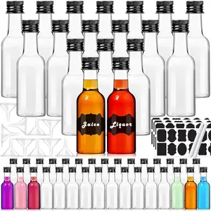 50 Pack 1.7oz Mini  Bottles with Labels, Plastic  Bottles, Airtight Shot Bottles, Little Spirit Bottle with Funnel Black Caps, Hot Sauce Bottle for , Party Favors, Weddings