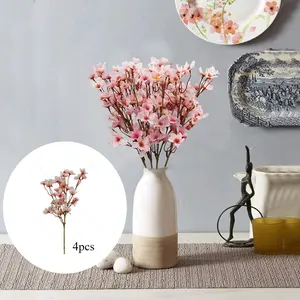4pcs Artificial Cherry Blossom Flower, Peach Flowers Decorative, Exquisite Imitation Peach Blossom Short Branch Cherry Flowers for Home Decoration and Wedding Props, Valentine's Day(Only bouquet, no vase)
