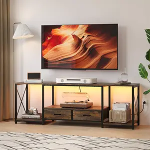 LED TV Stand with 2 Fabric Drawer - 63" Industrial TV Console Table with Open Storage Shelves for Living Room,Bedroom, Entertainment Center TV Stands for 65-75" TV - Black Steel Frame