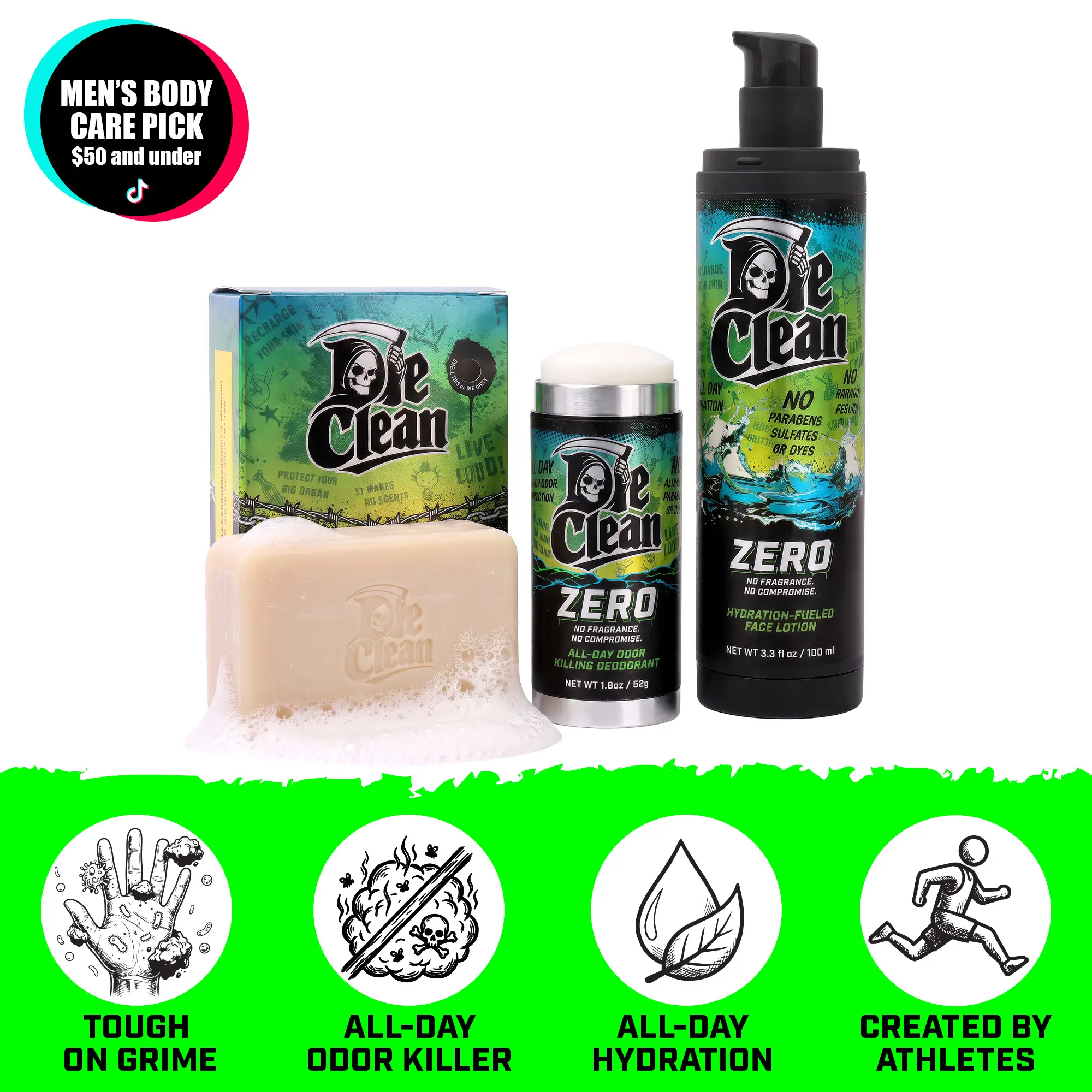 Die Clean | Mens Essentials Bundle | Body Care | Deodorant , Soap and Hydration Fueled Face Lotion | Skin Care | Fragrance Free