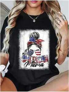 Women's All American Mama T-Shirt - Distressed USA Flag Bandana & Fashion Glasses Graphic, Casual Loose Fit Short Sleeve Crew Neck Top with Messy Bun Hairstyle Suitable for 4th of July, Memorial Day Outfits, Summer Wear & Everyday Mom Style - Soft