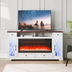 80-in Fireplace TV Stand, 42-in Corner Fireplace Media Storage Console Table with Drawers, Cabinets, 20 LED Lights, Remote Timer, Brown-White Pastoral Design for Living Room, Fireplace Tv Stands