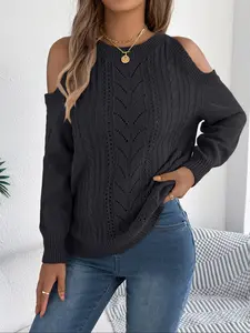Women's Casual Hollow Out Knit Pullover Sweater Knitwear, Fall Winter Fashion, Plain Color off Shoulder Jumper, Ladies Long Sleeve Top