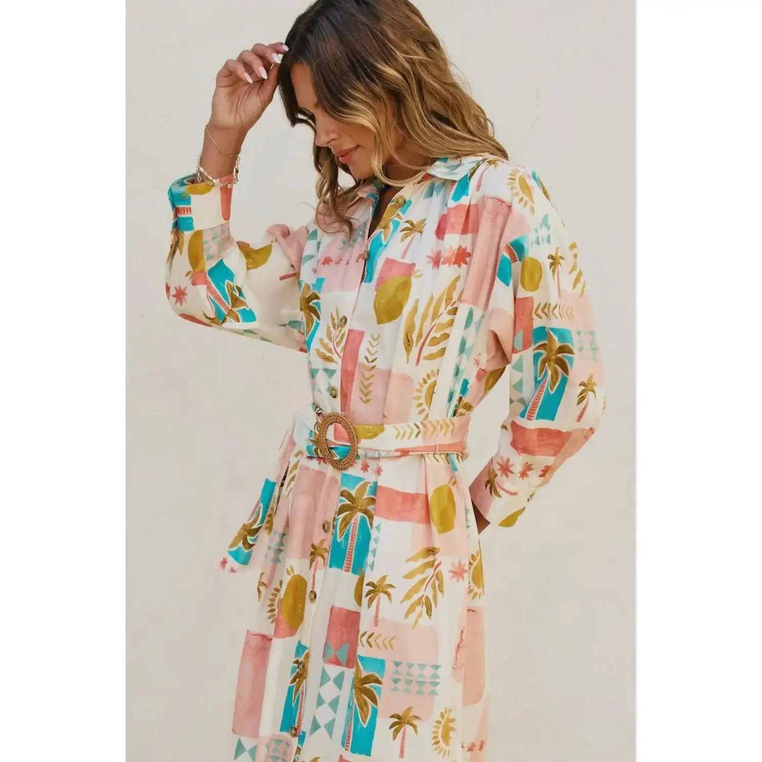 Moroccan Spring Buckled Belt Shirt Dress