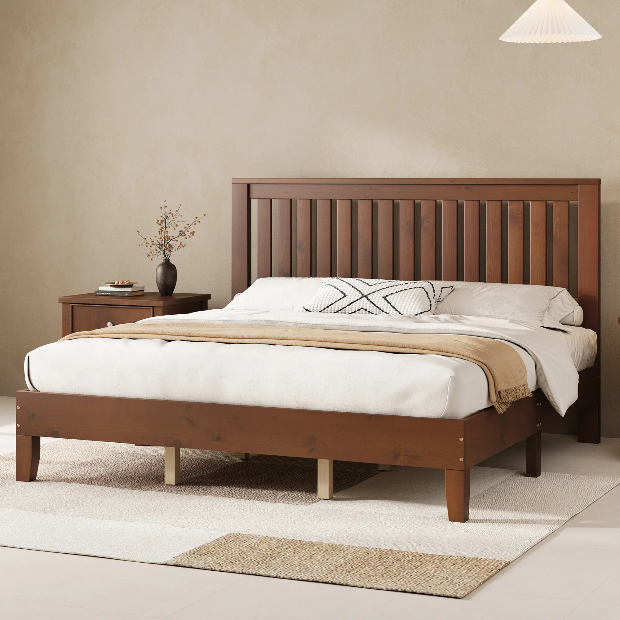 [SummerSale] AMERLIFE Solid Wood Bed Frame, Mid-Century Wooden Platform Bed with Grille Headboard, Wood Slat System/No Box Spring Needed/Noise Free