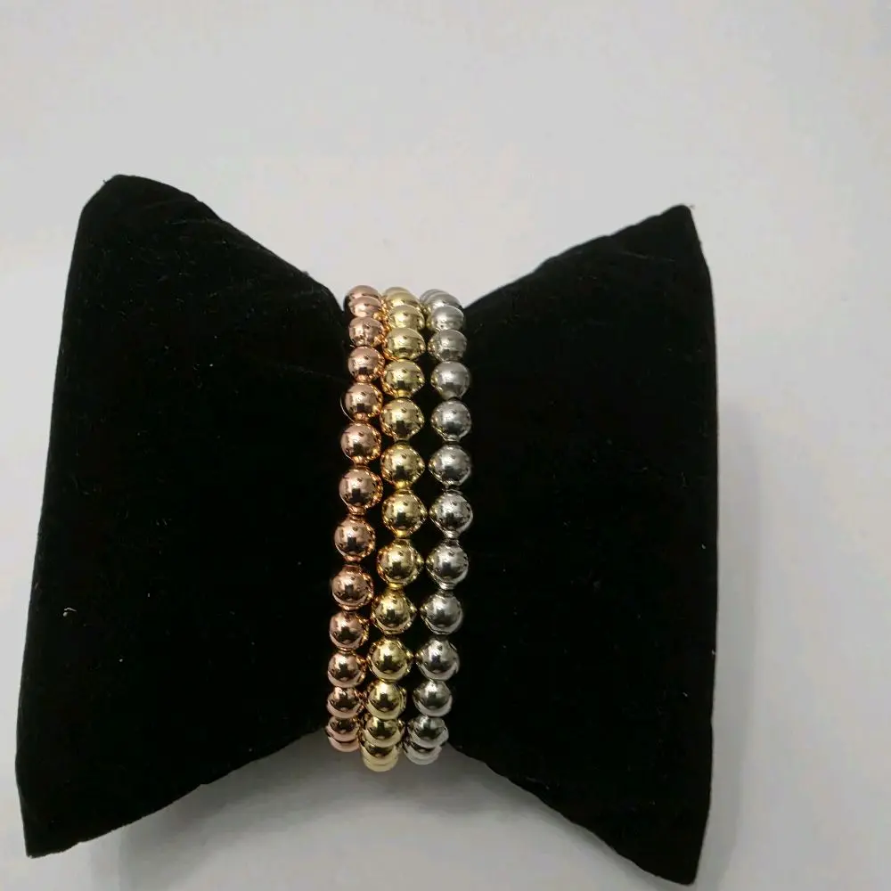 18K Gold Plated 3 in 1, 3 Tone  Elastic Big Beaded Bracelet with Smooth Texture "Diamondcut"