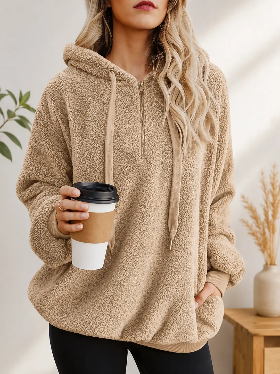 Women's Fuzzy Sherpa Pullover Hoodie, Oversized Quarter Zip Fleece Sweatshirt with Side Pockets for Fall & Winter
