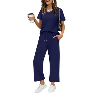 Women 2 Piece Lounge Set V Neck Top Wide Leg Pants Matching Summer Travel Vacation Casual Outfit Set