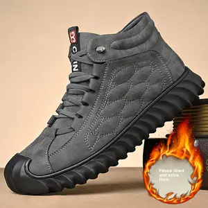 Men’s Cotton Shoes 2025 Winter New Style: Fleece Lined, Warm, Thick High Top Leather Shoes, Suede, Quilted, Cold Resistant Snow Boots Grey black boots cowboy boots men Footwear Closed Footwear Closed Decor Sweat Bathroom Active