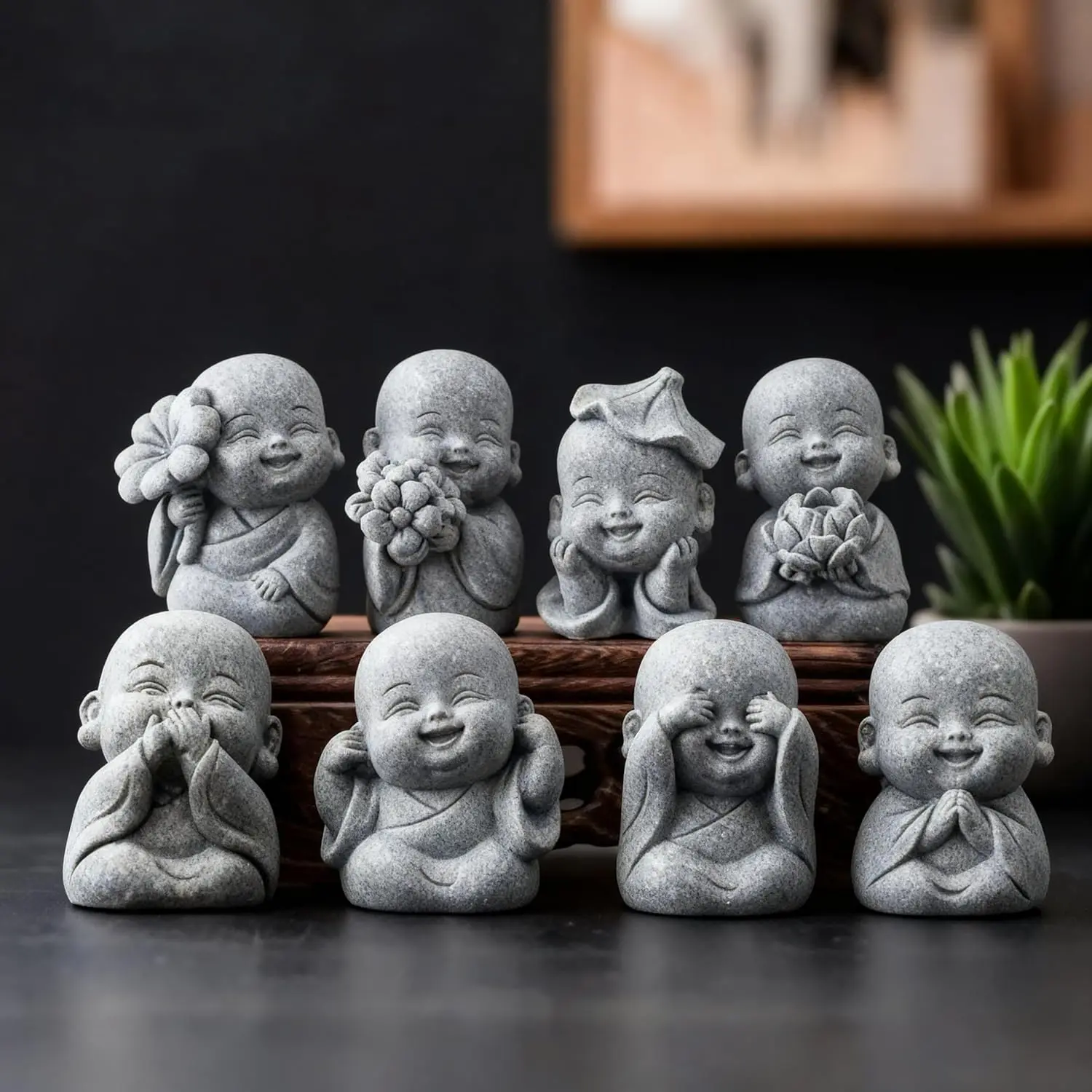 8-Piece Buddhism Sandstone Laughing Buddha Statue Set (1.8x1.4x1.3in) - Minimalist Zen Monk Religious Decor, Luck Feng Shui Home Decor for Living Room, Office Cubicles, Father's Day/Children's Day Promotions Gift, Childrens Day