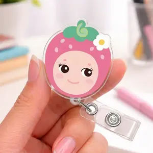 Kawaii Cosplay Baby Sparkly Retractable Badge Reel Set Cute Cat Bunny Strawberry Acrylic ID Holder For Pediatric Nurse Teacher Gift