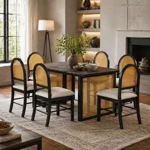 7-Piece Farmhouse 6-Seat Dining Table Set - 59.8" Length Rectangular Distressed Oak Veneer Table with Natural Grain, 6 Rattan Chairs, Rustic Espresso Indoor Kitchen & Dining Room Furniture Set, 6-Seat Capacity, Six People