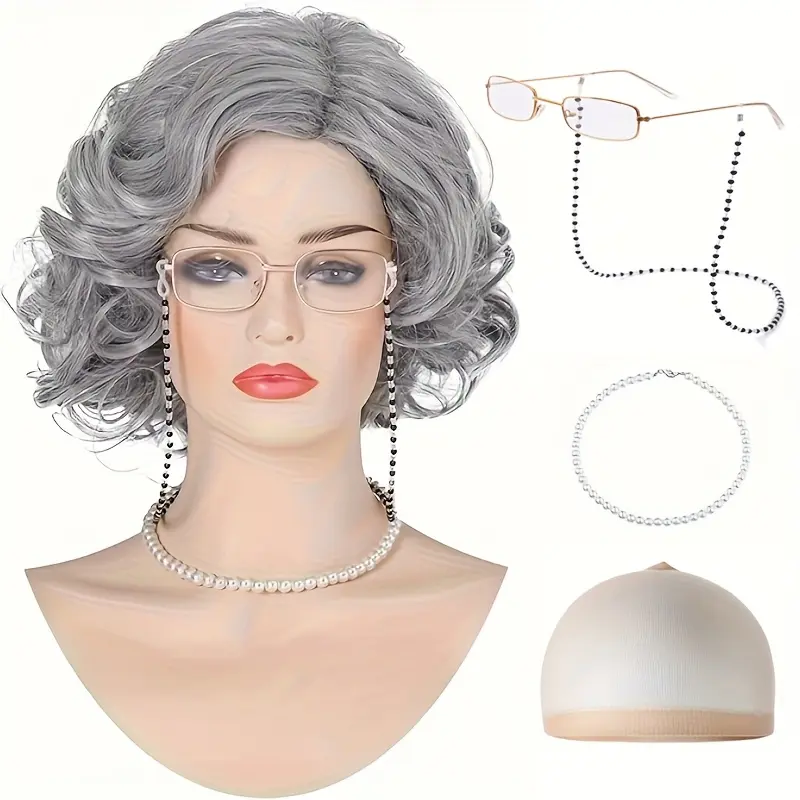 Female Grandma Gray Synthetic Hair Curly Wig, 5pcs Old Lady Halloween Costume Set for Women