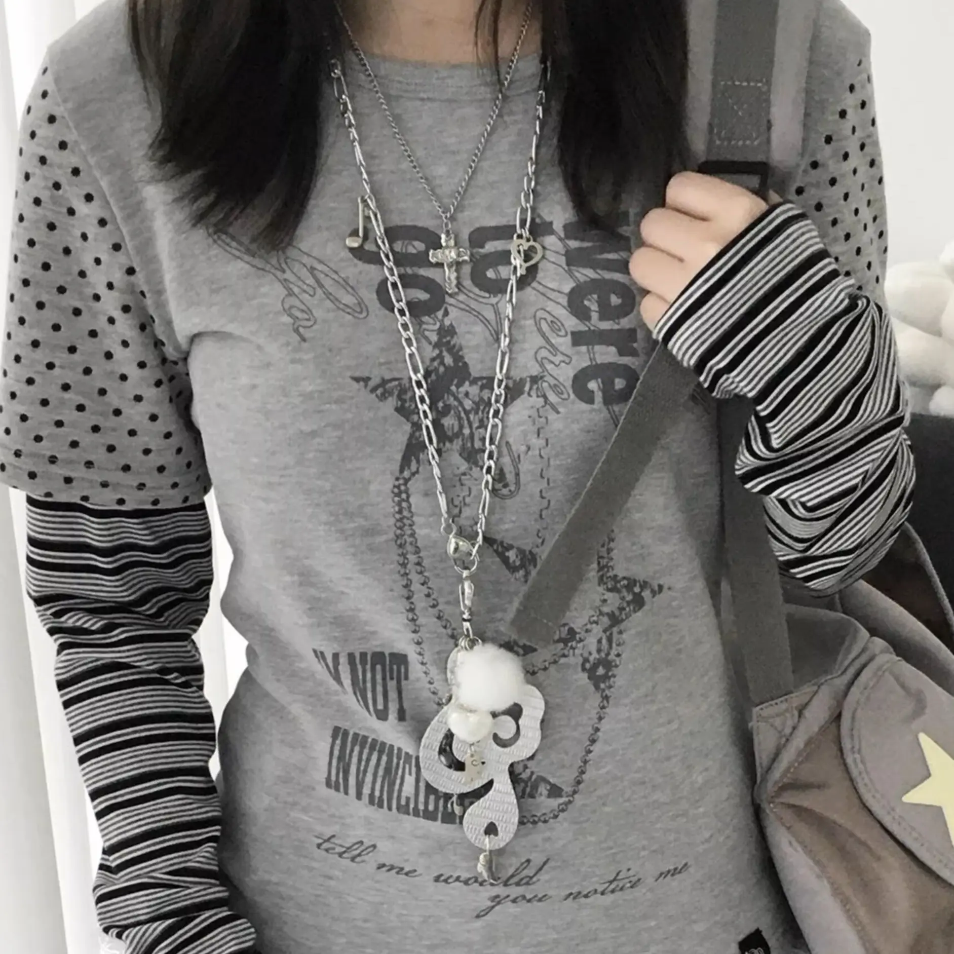 ALIELNOSIRRAH 'Melody of Hearts' Y2K Angel Music Note Wing Necklace Silver Alloy Metal Long Pendant Necklace