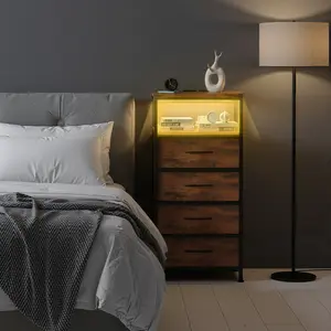 Nightstand with Charging Station, Bedside End Table with Fabric Drawers & USB/Type-C Ports and Outlets, Night Stand for Bedroom Furniture, Adjustable Feet and Variable Light Strip