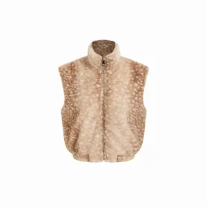 Cider Deer Print Faux Fur Funnel Neck Zip Through Jacket Vest