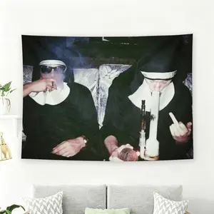 Smoking Nuns with Bong Meme Wall Flag, Grunge Aesthetic Funny Tapestry, Stoner Room Decor