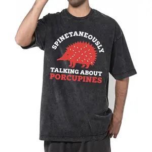 Unisex Casual Short Sleeve Cotton T-Shirt with Washed Style and Porcupine Print