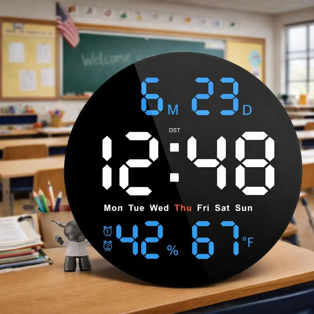 Large Digital Clock for Classroom, Digital Classroom Clocks for Teachers, 10" Round LED Clock with Large Display，Date, Countdown Timer, Remote Control, Temperature, Electric (Blue)