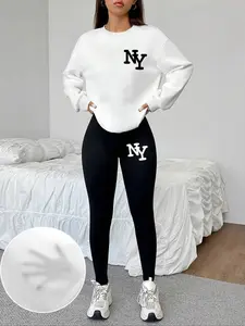 Women's 2-Piece Sweatshirt Set, Ny Letter Print, Round Neck Long Sleeve, Long Pants, Casual Fall Winter, Fitted Style