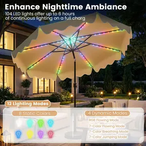 COSTWAY 9/10 FT Solar Patio Umbrella with 112 Color-Changing Flowing LED Lights, Outdoor Scalloped Table Umbrella with Tilt Adjustment & Crank, 8 Ribs, Sun-Protective Canopy for Market Deck Pool Yard
