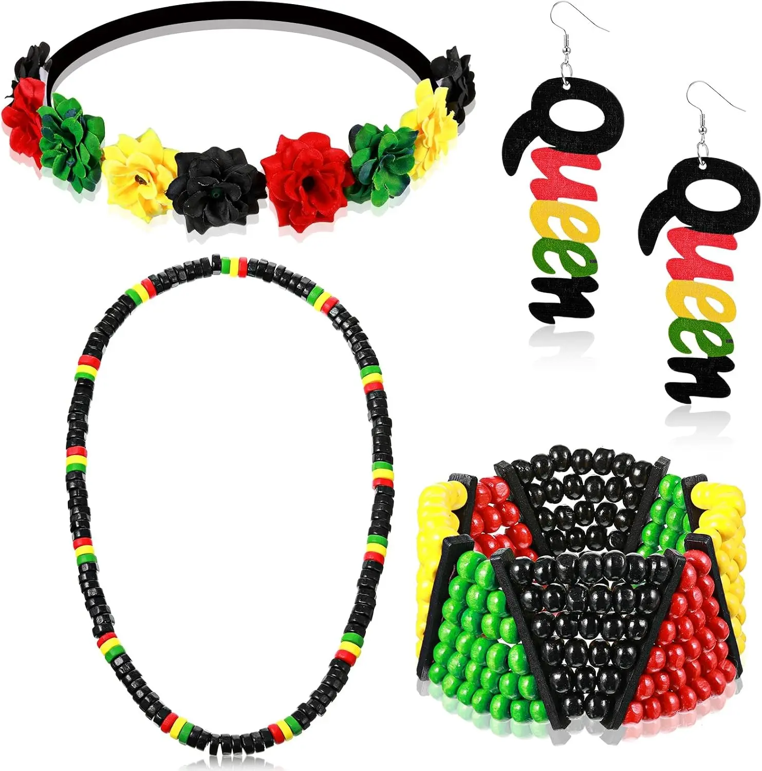 Women's 4-Piece Rastafari Pride Beaded Set - Juneteenth African Jamaican Accessories, Flower Crown Headband, Bracelet, Necklace, Queen Dangle Earrings