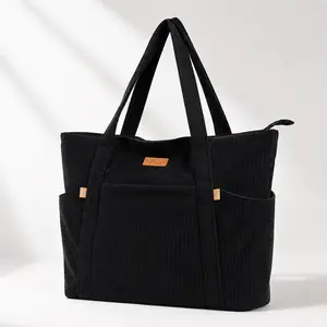 Lekespring Women's Waterproof Plain Corduroy Tote Bag, Large Double-Handle Shoulder Bag with 15.6-in Laptop Compartment & Zippered Closure, Elegant Shopper for Work-School, Tote Bags