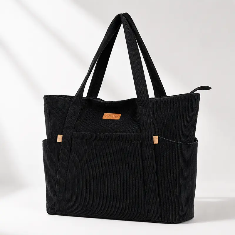 Lekespring Women's Basic Casual Commuter Waterproof Corduroy Tote Bag - 15.6-in Laptop Compartment, Double Handles, Zippered Closure, 2 Side Pockets, Travel Ready for Work, School, Everyday Bags