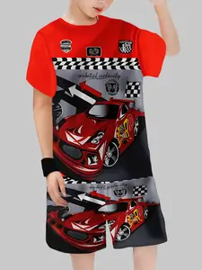 Racing Car Boys Short Sleeve Set, Outfit, Summer Fitted Crop Top, Cartoon Pattern, Casual Style, Perfect for Race Fans