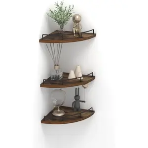 Corner Shelf Wall Mounted Set of 3, Floating Wall Shelves Rustic Wooden Storage Shelves for Bedroom, Living Room, Bathroom, Brown