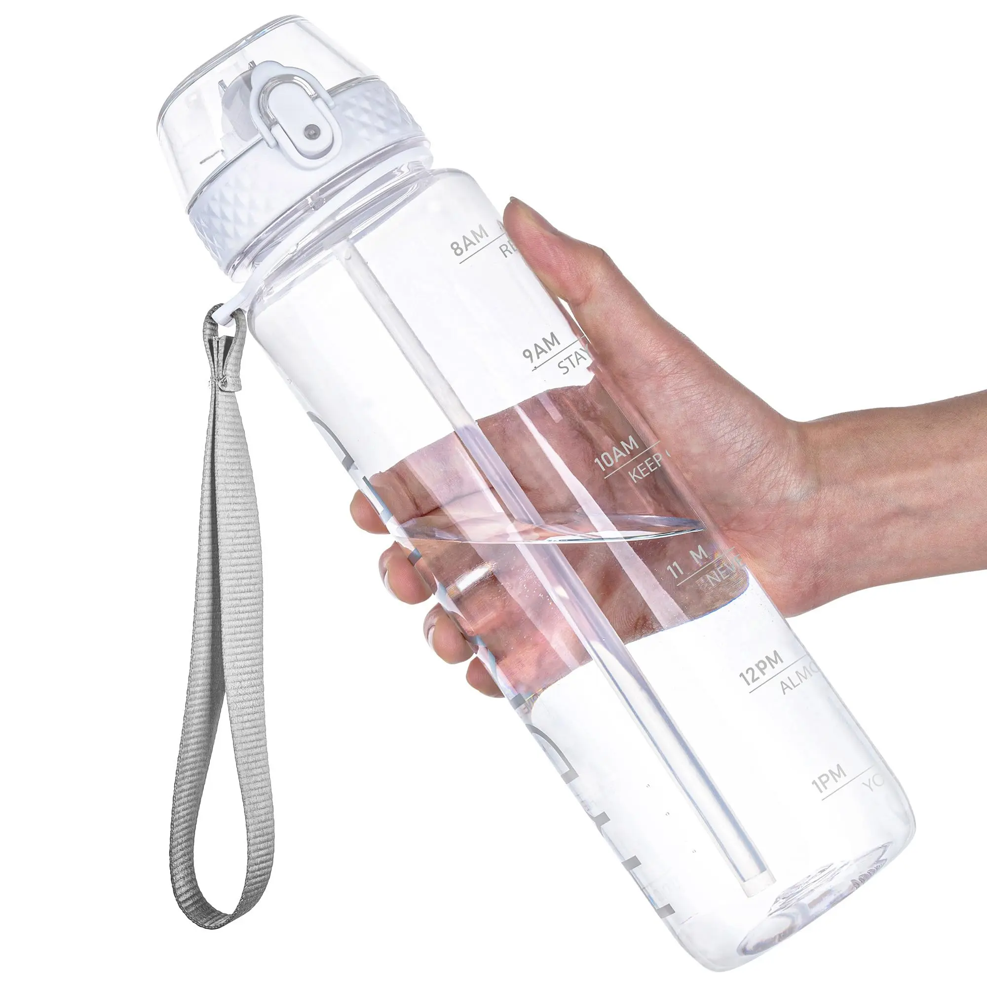 32oz Clear Water Bottle with Straw – BPA-Free, Time Markers, Wide Mouth, Leakproof Design, Transparent – Clear Sports Bottle for Gym, Hiking, School, Office