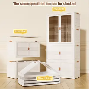 Stackable Storage Bins with Wheels – Folding Storage Cabinet with Magnetic Door, Aesthetic Plastic Organizer for Closet, Bedroom, Dorm & Kitchen
