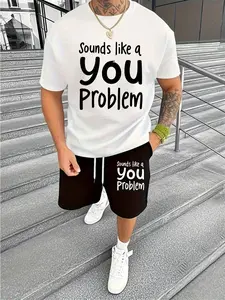 Antonie Letter Pattern Printing, Men's Clothing 2pcs Set-cotton Short-sleeved T-shirt and Polyester Shorts, Smart-Cas...