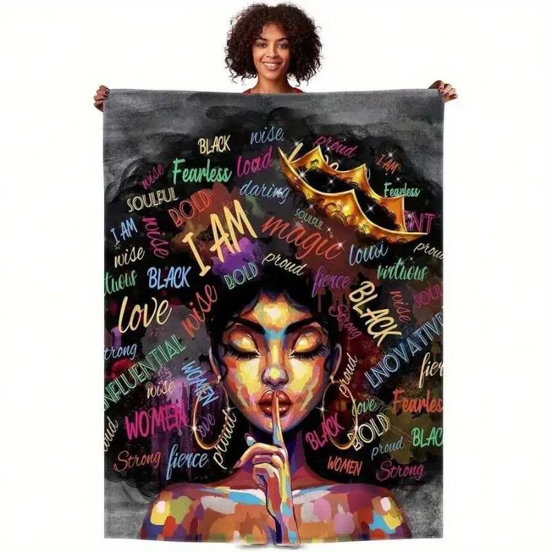 Black Magic African American Women's Flannel Blanket - Soft, Comfortable, Empowering African Style Blanket with Positive Affirmations, Vibrant Art Graphic & Colorful Graphic Artwork, 280g/m² Single-Sided Printing for Bed, Sofa, African Style Blankets, Art