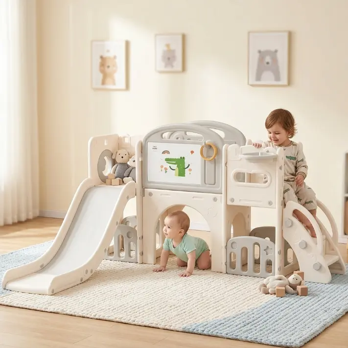 Aobtkel 11-in-1 Toddler Playset with Telescope Playground for 1-3 Years Slide Set Climber Basketball Hoop Crawl Tunnel Hideout Climbing Wall Foldable Indoor Outdoor Backyard Playroom Boys Girls Gift Idea White