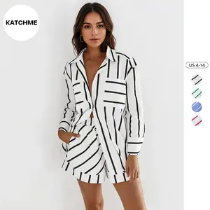 KatchMe Women's Chic Irregular Color Matching Stripe Button Blouse & High Waist Pocket Shorts Co-ord, Comfort Basic Co-ord Set for Lady Spring & Fall