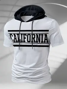 Men's California letter printed hooded short sleeved T-shirt, casual city name silk screen printed clothing, loose fit, contrasting hooded with drawstring, suitable for street style, sportswear and daily outdoor activities