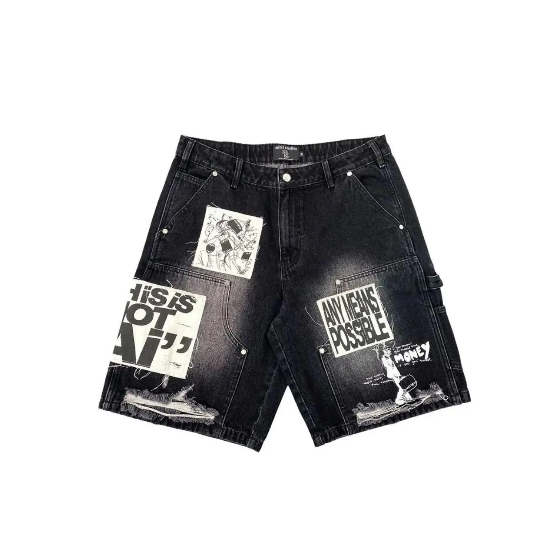 Mixed Emotion Mens Y2K Grunge Hip Hop Washed Black Baggy Denim Shorts Distressed Patchwork Ripped Carpenter Jorts Loose Knee Length Casual Bottoms