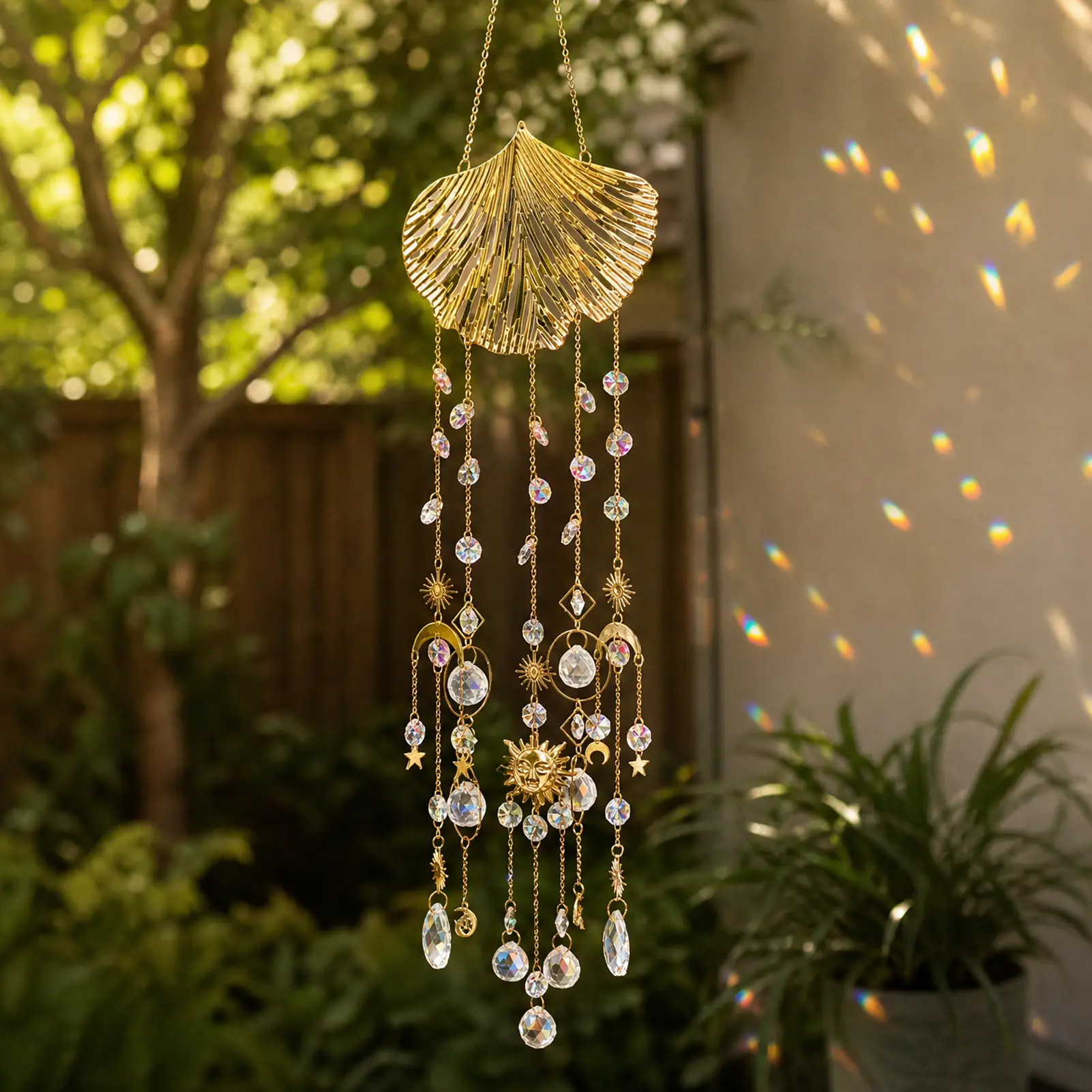 Crystal Sun Catcher, Ginkgo Leaf Crystal Suncatcher Hanging Pendant, Handmade Rainbow Maker Indoor Outdoor Decor for Window Bedroom Courtyard Garden, Bless Gift