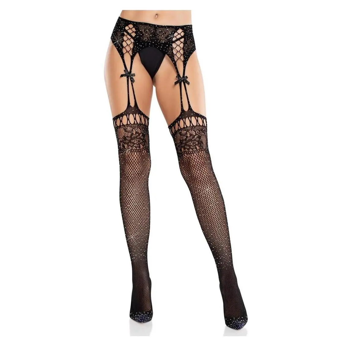 Leg Avenue Rhinestone Lace Top Fishnet Stockings with Attached Garter Belt