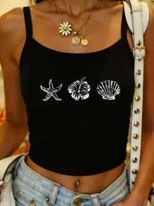 Women's Starfish Floral Shell Pattern Short Print Camisole, Sexy Slim-Fitting Lightweight Sleeveless Top, Summer Casual Beach Wear, No Button or Zipper, Letters Design