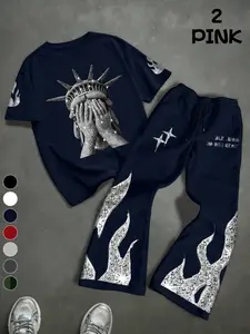 Men's Y2K Graphic Print Short Sleeve T-Shirt & Flame Jogger Pants Set, Loose Street Style Two-Piece, Summer Hip Hop Trend Outfit