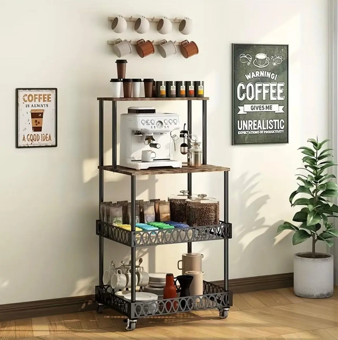 4-Tier Industrial Kitchen Baker's Rack with Wheels – Rolling Microwave Stand Utility Storage Cart with 2 Mesh Baskets and Wood Shelves
