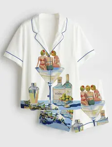 Women’s Vintage Dirty Martini Bar Retro Cocktail Print Short Sleeve Satin Pajama Set
