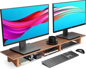 Large dual-monitor stand, walnut-colored solid wood desk stand with eco-friendly cork feet for laptop/TV/PC/printer, elevated, organized, perfect desktop stand organizer, bottom can store office accessories