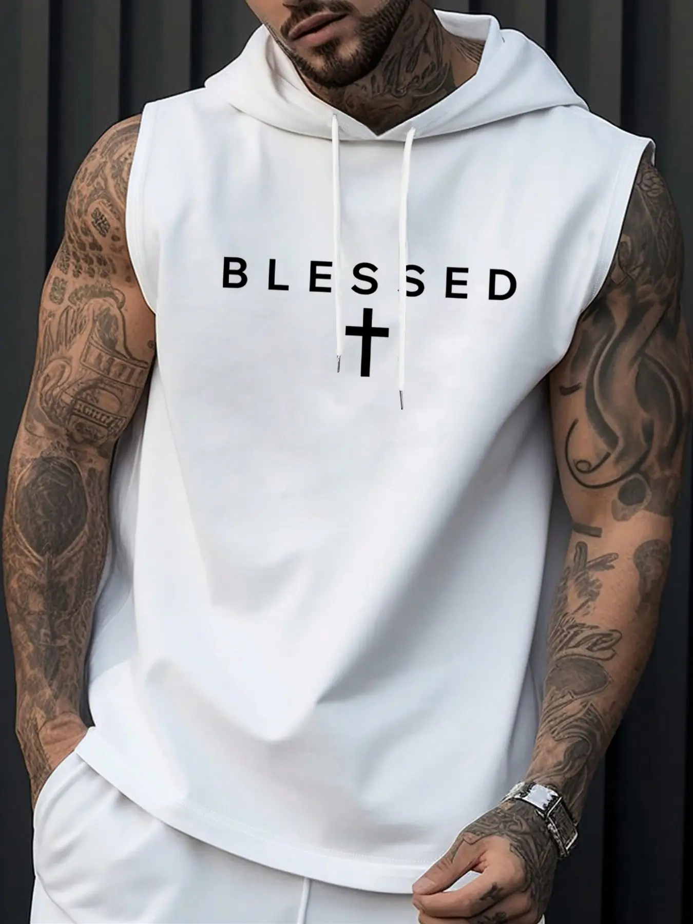 Men's Casual Hooded Sleeveless T-Shirt with Letter Print, Fashion Versatile Sports Style, Summer Fitness Outdoor Wear, Men's Hoodie Vest Top