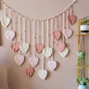 Boho Green Leaves Garland - Macrame Wall Art for Above Bed Decor, Mid Century Modern Living Room Wall Decor, Gift & Photo Wall Hanging Ornaments Home Design Decoration Interior Hangable Pink